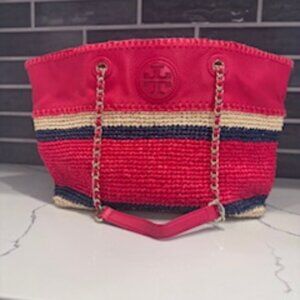 Tory Burch Red Straw Raffia Striped Chain Tote Bag